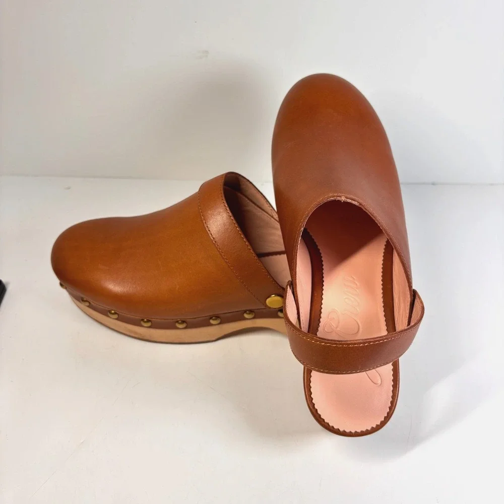 J. Crew Convertible Leather Clogs Brown Studded Wood Sole Slingback Size 6.5 US